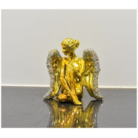 Gold Sitting Angel With Wide Wings Crushed Ornament Sparkle Diamond