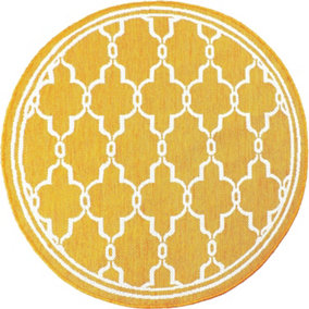 Gold Spanish Tile Garden Patio Rug - Weatherproof, Mould & Mildew Resistant Indoor Outdoor Mat - Round 120cm Diameter