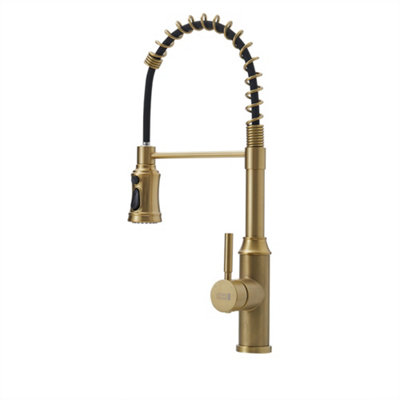 Black And Gold Kitchen Faucet - Single Lever Pull Down Sprayer, Brushed Brass Finish, Ceramic Valve, Deck Mount For Modern Kitchen Sink
