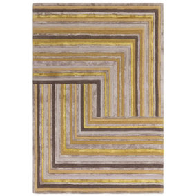 Gold Striped Wool Handmade Luxurious Modern ,Abstract Optical/ (3D) Rug Easy to clean Living Room and Bedroom-120cm X 170cm