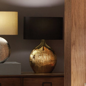 Gold Textured Ceramic Table Lamp With Black Shade