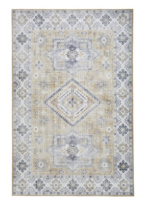 Gold Traditional Bordered Geometric Persian Rug for Bedroom & Living ...