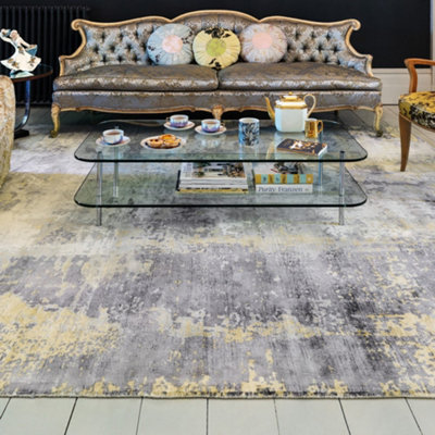 Gold Viscose  Abstract Handmade , Luxurious , Modern Rug for Living Room, Bedroom - 120cm X 170cm