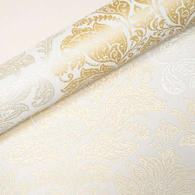 Gold White Wallpaper Damask Textured Vinyl Thick Metallic Feature Wall ...