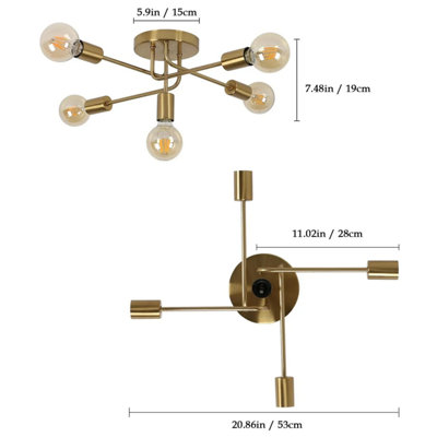 Golden Branch 5 Light Chandelier , Retro E27 Metal Ceiling Light for Home and Bar