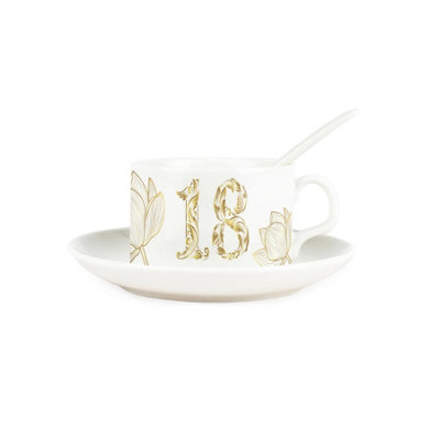 Golden Flowers Age 18 Cup & Saucer Set with Spoon - 18th Birthday Gifts ...