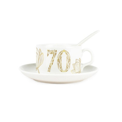 Golden Flowers Age 70 Cup & Saucer Set with Spoon - 70th Birthday Gifts ...