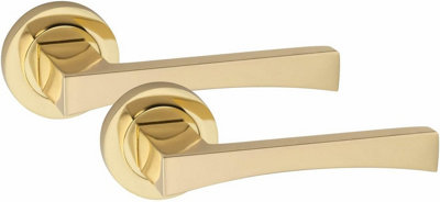 Golden Grace 1 Pair of Wave Design Door Handle On Round Rose Latch Door Handles Electro Brass Finish with 52mm Diameter