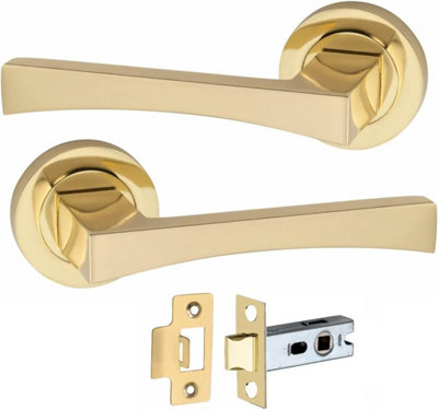 Golden Grace 1 Pair of Wave Design Door Handle Round Rose Door Handles with 2.5" Latch Electro Brass Finish