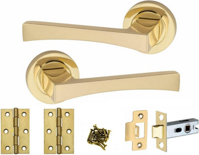 Golden Grace 1 Pair of Wave Design Door Handle Round Rose Door Handles with Latch and 3" Hinges Electro Brass Finish