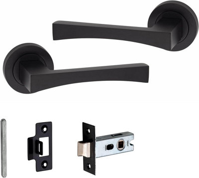 Golden Grace 1 Pair of Wave Design On Round Rose Latch Door Handles with 2.5" Tubular Latch Matt Black Finish with 52mm Diameter