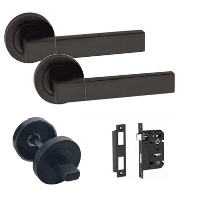 Golden Grace 1 Set of Capri Straight Design Matt Black Finish Door Handle Pack for Bathrooms with Matching Lock and Thumbturn