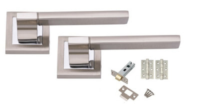 Golden Grace 1 Set of Duo Finished Chrome Aztec Door Handles on Square Rose Lever Latch Handle with Heavy Duty Ball Bearing Hinges