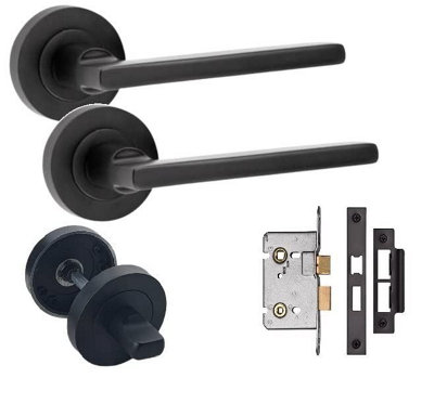 Golden Grace 1 Set of Leon Straight Design Matt Black Finish Door Handle Pack for Bathrooms with Matching Lock and Thumbturn