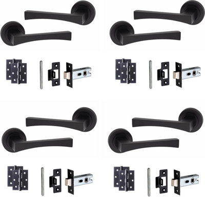 Golden Grace 4 Pair of Matt Black Wave Design Round Rose Door Handles with 2.5" Tubular Latch and 3" Ball Bearing Hinges