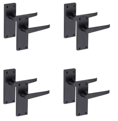 Golden Grace 4 Pair of Victorian Straight Handle Latch Door Handles Matt Black with 120mm x 40mm Backplate