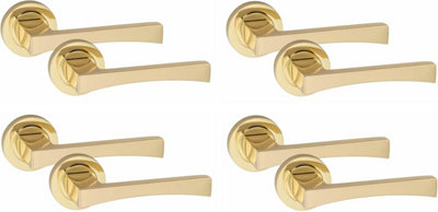 Golden Grace 4 Pair of Wave Design Door Handle On Round Rose Latch Door Handles Electro Brass Finish with 52mm Diameter