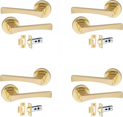 Golden Grace 4 Pair of Wave Design Door Handle Round Rose Door Handles with 2.5" Latch Electro Brass Finish