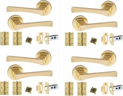 Golden Grace 4 Pair of Wave Design Door Handle Round Rose Door Handles with Latch and 3" Hinges Electro Brass Finish