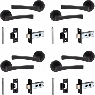 Golden Grace 4 Pair of Wave Design On Round Rose Latch Door Handles with 2.5" Tubular Latch Matt Black Finish with 52mm Diameter