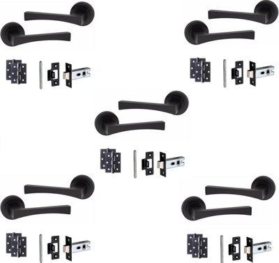 Golden Grace 5 Pair of Matt Black Wave Design Round Rose Door Handles with 2.5" Tubular Latch and 3" Ball Bearing Hinges