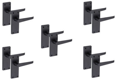 Golden Grace 5 Pair of Victorian Straight Handle Latch Door Handles Matt Black with 120mm x 40mm Backplate