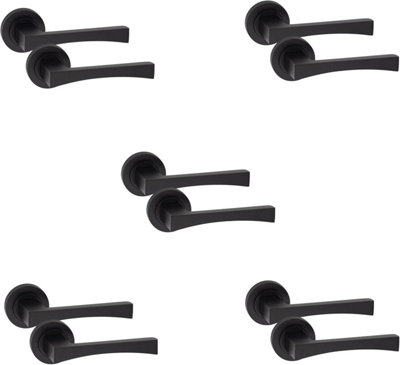 Golden Grace 5 Pair of Wave Design Door Handle On Round Rose Latch Door Handles Matt Black Finish with 52mm Diameter