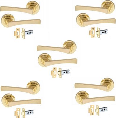 Golden Grace 5 Pair of Wave Design Door Handle Round Rose Door Handles with 2.5" Latch Electro Brass Finish