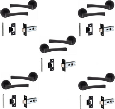 Golden Grace 5 Pair of Wave Design On Round Rose Latch Door Handles with 2.5" Tubular Latch Matt Black Finish with 52mm Diameter