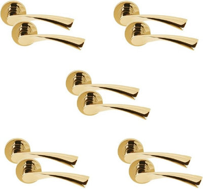 Golden Grace 5 Pairs of Astrid Twist Design Polished Brass Finish Door Handles On Rose