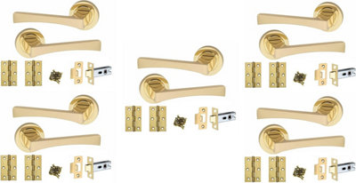 Golden Grace 5 Pairs of Wave Design Door Handle Round Rose Door Handles with Latch and 3" Hinges Electro Brass Finish