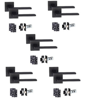 Golden Grace 5 Set Matt Black Aztec Design Straight Door Handle On Sqaure Rose Latch Door Handles Set