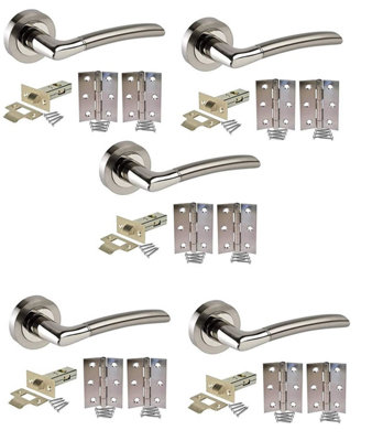 Golden Grace 5 Sets Indiana Style Chrome Door Handles on Rose Dual Finish Lever Latch Pack