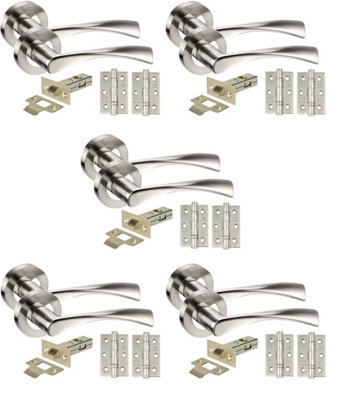 Golden Grace 5 Sets Twist Astrid Style Chrome Door Handles on Rose, Dual Finish Lever Latch, Hinges, 64mm Tubular Latch