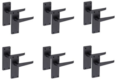 Golden Grace 6 Pair of Victorian Straight Handle Latch Door Handles Matt Black with 120mm x 40mm Backplate