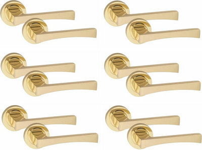 Golden Grace 6 Pair of Wave Design Door Handle On Round Rose Latch Door Handles Electro Brass Finish with 52mm Diameter