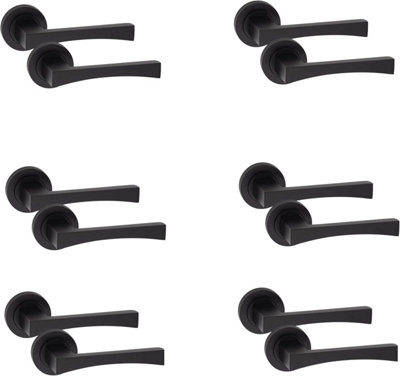 Golden Grace 6 Pair of Wave Design Door Handle On Round Rose Latch Door Handles Matt Black Finish with 52mm Diameter