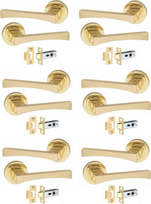 Golden Grace 6 Pair of Wave Design Door Handle Round Rose Door Handles with 2.5" Latch Electro Brass Finish