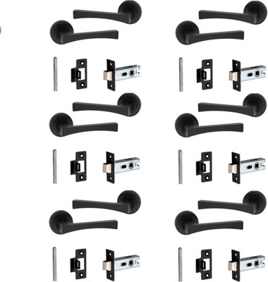 Golden Grace 6 Pair of Wave Design On Round Rose Latch Door Handles with 2.5" Tubular Latch Matt Black Finish with 52mm Diameter