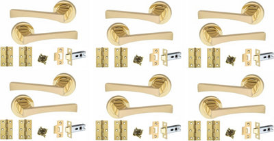 Golden Grace 6 Pairs of Wave Design Door Handle Round Rose Door Handles with Latch and 3" Hinges Electro Brass Finish