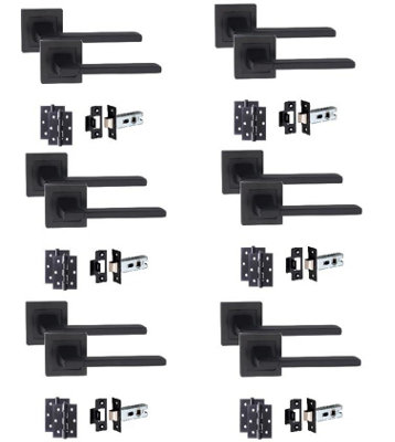 Golden Grace 6 Set Matt Black Aztec Design Straight Door Handle On Sqaure Rose Latch Door Handles Set