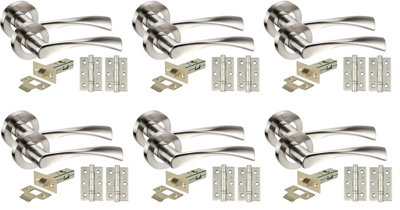 Golden Grace 6 Sets Twist Astrid Style Chrome Door Handles on Rose, Dual Finish Lever Latch, Hinges, 64mm Tubular Latch