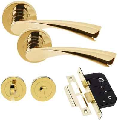 Golden Grace Astrid Design Modern Polished Brass Finish Bathroom Door Handle Pack