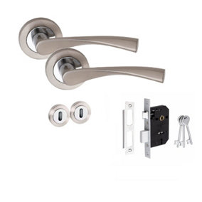 Golden Grace Astrid Door Handle Dual on Rose, Satin Nickel/Polished Chrome, 1 Set with 64mm 3-Lever Mortise Lock