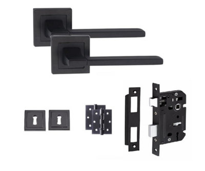 Golden Grace Aztec Design Straight Door Handle Matt Black Finish Key Lock Door Handle Set with 3" Ball Bearing Hinges