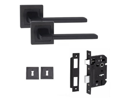 Golden Grace Aztec Design Straight Door Handle Matt Black Finish Key Lock Door Handle Set with 64mm 3 Lever Mortise Lock  Set
