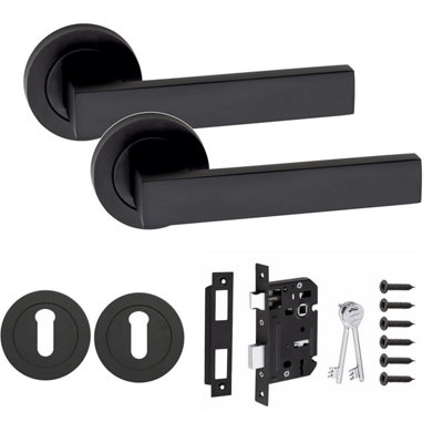 Golden Grace Delta Design Door Handle Matt Black Finish Key Lock Door Handle on rose 3 Lever Mortise Lock and Key Hole - GG