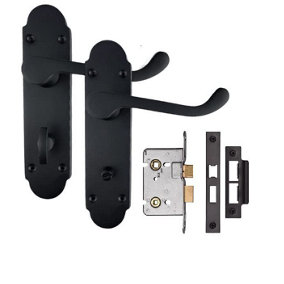 Golden Grace Epsom Style Bathroom Door Handle 170mm X 40mm Matt Black with Black Bathroom Mortise Lock Set