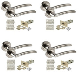 Golden Grace Indiana Style Chrome Door Handles, Duo Finish, 4 Sets with Ball Bearing Hinges and 64mm Tubular Latch