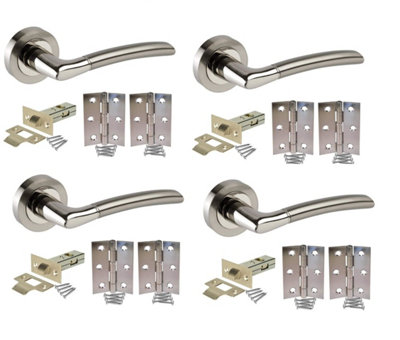 Golden Grace Indiana Style Chrome Door Handles, Duo Finish, 4 Sets with Ball Bearing Hinges (Lever Latch Pack)